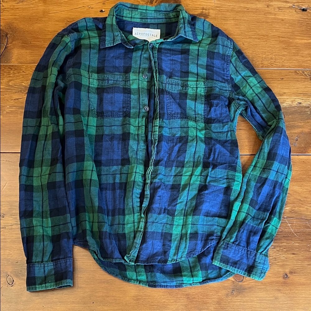 Aeropostale Men's Casual Blue and Green Checkered Shirt